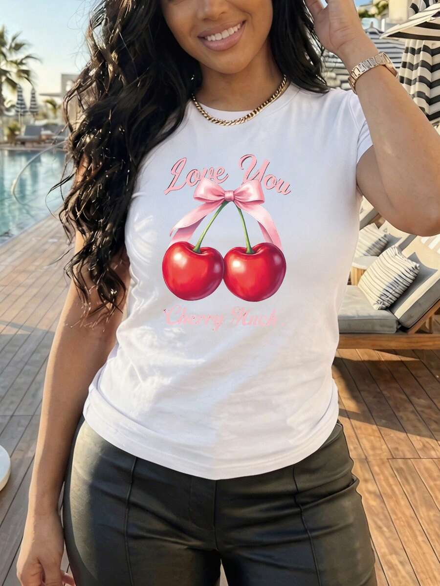White T-Shirt With Cherries "Love You Cherry Much" Casual Short-Sleeved T-Shirt Cherry Print T-Shirt Cherry Graphic Design With Romantic Phrase Youthful / Sweet / Feminine Style - YH303-白色 - 查看 1