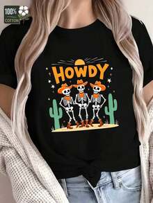 Camiseta Ligera de Mujer Estilo Western con Estampado de Calaveras Bailando - 100% Cómoda en Rojo con Diseño de Festival Mexicano, con Cactus, Sombrero y Botas de Vaquero - Top Casual de Manga Corta con Cuello Redondo, Ideal para Fiestas Temáticas del Oeste, Celebraciones del Día de Muertos y Uso Diario - Estampado Geométrico Brillante, Lavable a Máquina, Apta para Todas las Temporadas, Corte Holgado, Diseño Divertido de Calaveras Bailando y Fondo del Desierto, 100% Algodón, Más Vendida. - Negro - Ver 1