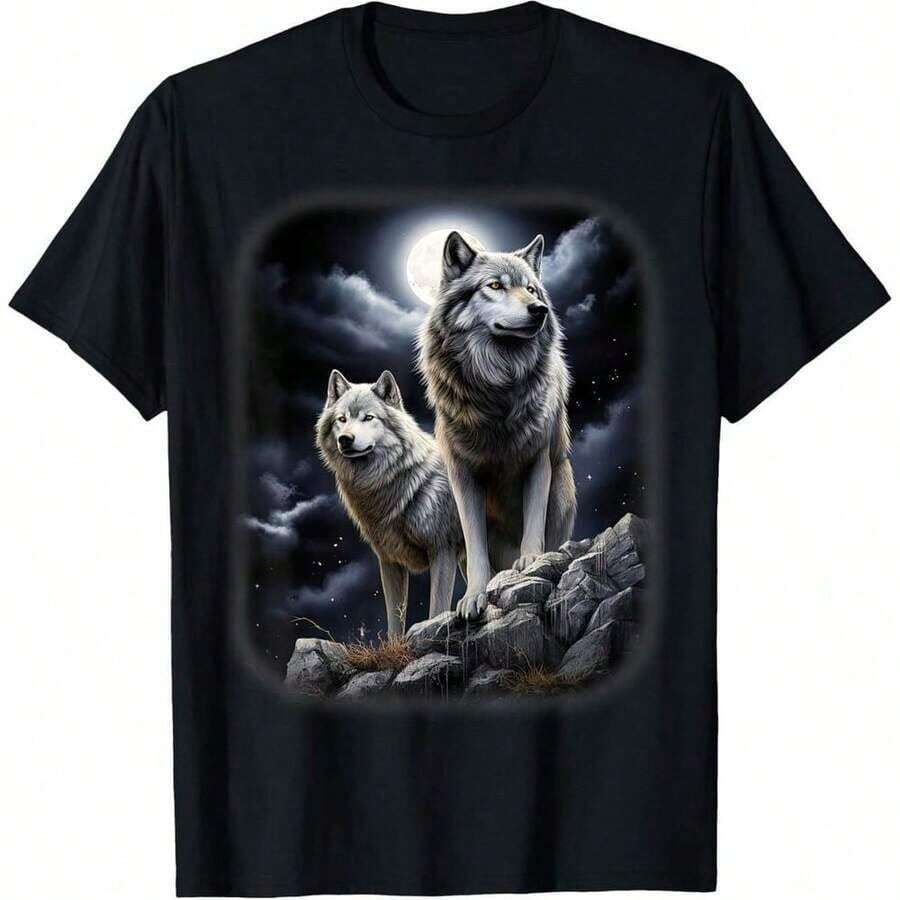 1 pieza Camiseta Unisex con Diseño de Manada de Lobos Místicos Haciendo Maullidos Bajo la Luna y las Estrellas – Corte Relajado, Gráfico de Lobo en Blanco y Negro, Tallas – Diseño de Lobo del Cielo Nocturno con Luna Llena y Estampado de Manada de Lobos, Camiseta Casual Transpirable Perfecta para Entusiastas de Lobos y Fanáticos de la Fantasía, Rendimiento de Secado Rápido, Diseño Gráfico Moderno, Corte Unisex, Ropa de Viaje, Día de la Madre, 180g 100% Algodón - Negro - Ver 1