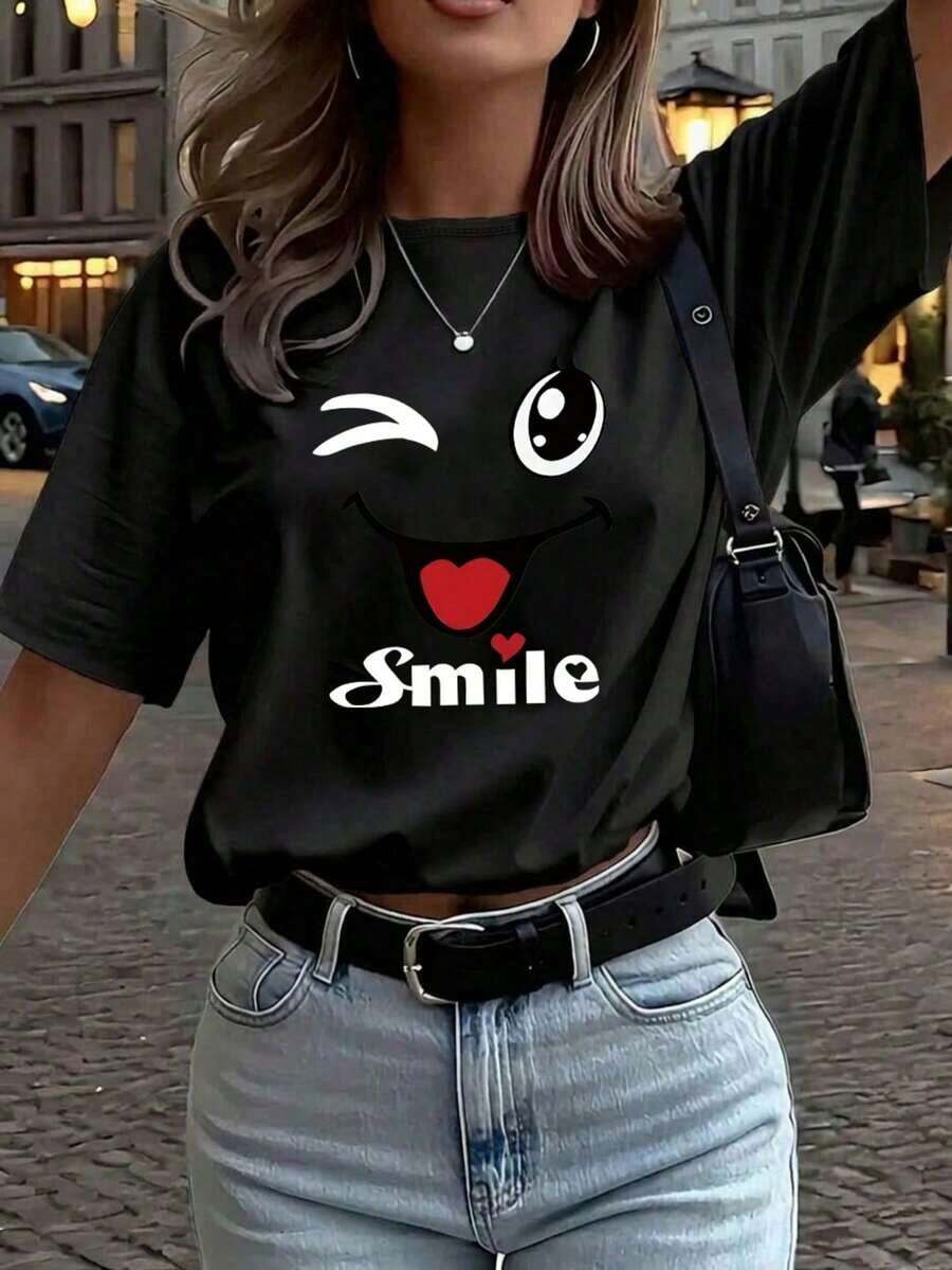Camiseta de mujer de manga corta con cuello redondo y estampado de dibujos animados, en color blanco, camiseta gráfica, adecuada para looks de verano, otoño e invierno, color negro100% Cotton - Negro - Ver 1