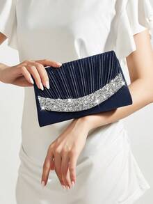 REMANLAND Bolso de mano tipo clutch mini plisado, elegante bolso de sobre de moda con adornos de strass brillantes para mujeres, adecuado para fiestas, bodas, eventos nocturnos y reuniones, ideal para fiestas, bodas, ceremonias de graduación y cenas formales, excelente opción de regalo, bolso de fiesta, suministros de boda - Azul Marino - Ver 1