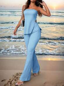 Conjunto de top bandeau y falda larga con abertura alta en color verde sólido para mujer - Azul - Ver 10
