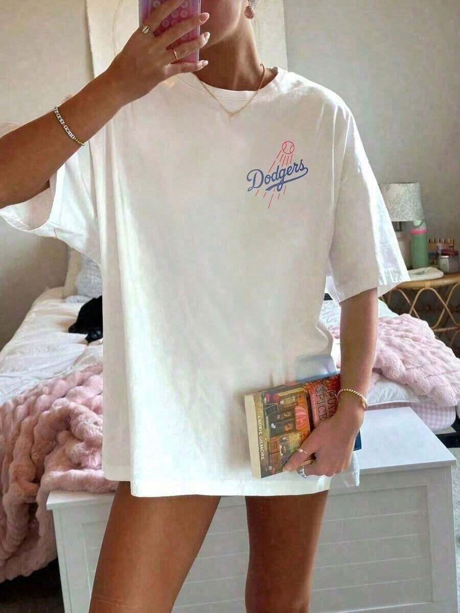 Women's Summer Tops [Dodgers T-Shirt] With "LA" Letter Print | A Must-Have Support Tee For Baseball Fans | 100% Cotton | Breathable And Sweat-Wicking, Cool And Comfortable, Ideal For Baseball. | Soft To The Touch And Comfortable, Digital Print, Baseball Style | Perfect For Everyday Wear Or As A Great Christmas Or New Year's Gift For Family And Friends. Loose And Comfortable Women's T-Shirts, Made Of Pure Cotton. - 白色2 - 查看 1