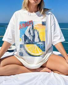 Solt 1pscCamiseta de manga corta para mujer AMALFI con estampado de limones de la  de Amalfi, estilo vintage desgastado, temática de vacaciones en Italia, corte holgado, adelgazante, cómoda, transpirable, estilo retro americano informal para vacaciones, camiseta para mujer, perfecta para vacaciones en la playa/salidas de verano/paseos en yate/reuniones de chicas/desplazamientos diarios/festivales de música/ropa de verano, 100% algodón con estampado gráfico. - Blanco - Ver 6