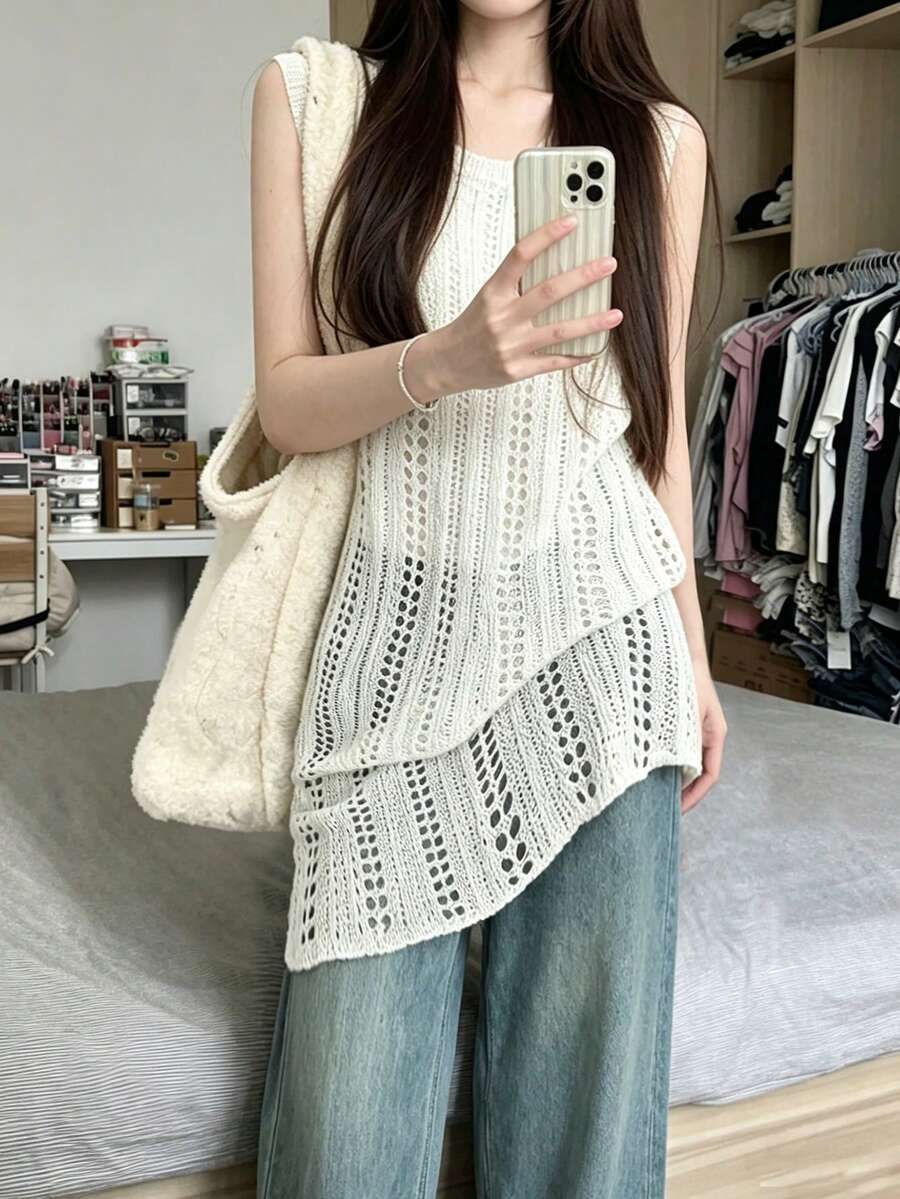Top sin mangas de punto calado estilo francés, chaleco tipo cubre para mujeres, de largo medio, para verano, con piezas cortadas al azar para vacaciones - Albaricoque - Ver 1