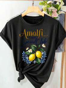 New Summer Collection: Fashionable Women's T-Shirt In European And American Style With Vintage Amalfi Lemon Letter Print, Everyday Casual Fashion In Vintage Style. Spring/Summer Casual Sporty Style. Women's Plus Size Top, Comfortable And Soft Summer Tops - Black - View 1