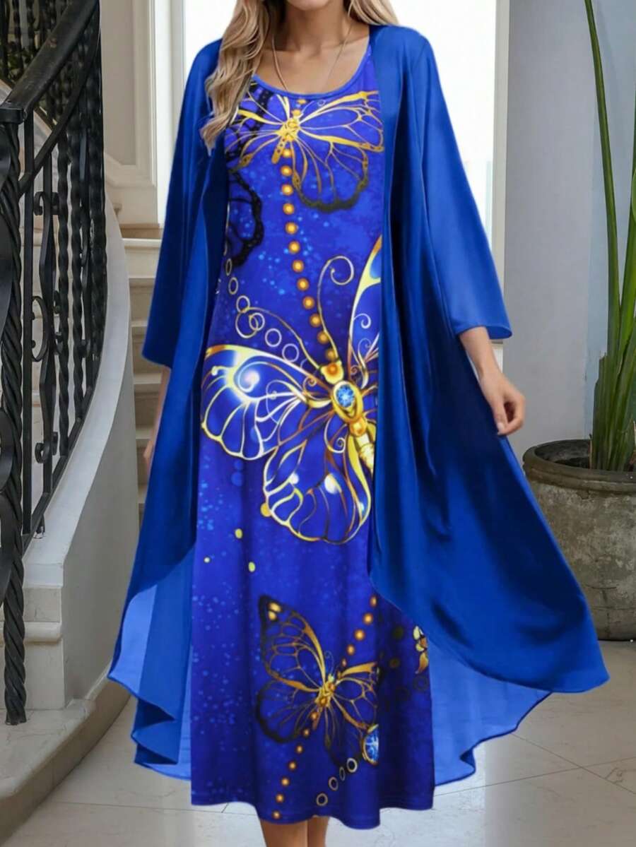 1 Set Women Plus Size Blue Dress With Butterfly Print And Matching Flowy Cardigan, Elegant And Comfortable Summer - Blue - View 1