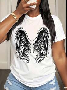 Camiseta de manga corta para mujer con estampado de alas de ángel, camiseta gráfica informal para uso diario, top de moda. - Blanco - Ver 1