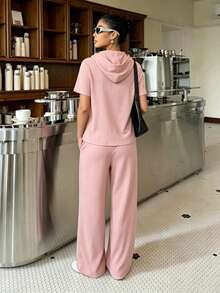 Women's 2-Piece Set: Sporty Color-Block Zip-Up Jacket And Loose-Fit Wide-Leg Pants - Pink - View 3