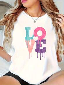 Camiseta Casual de Manga Corta con Estampado de Corazón y Letras para Mujer -O-- - Camisa de Primavera/Verano, Adecuada para Uso Casual y Conjuntos de San Valentín - Camiseta con Estampado de Corazón Lavable a Máquina ADIK - Blanco - Ver 6