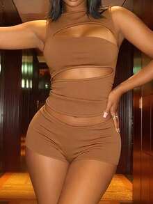 Khaki Round Neck Sleeveless Hollow-Out Back Tank Top And Shorts Set For Women, Casual Sexy Party Wear Summer - Khaki - View 7