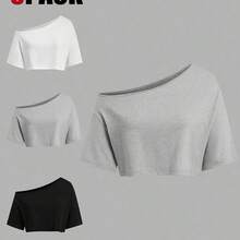 Plus Size 3 PiecesShort Sleeve T-Shirt Set, Black-White-Grey, Summer, Shoulder Cut-Out - Multicolor - Ver 2