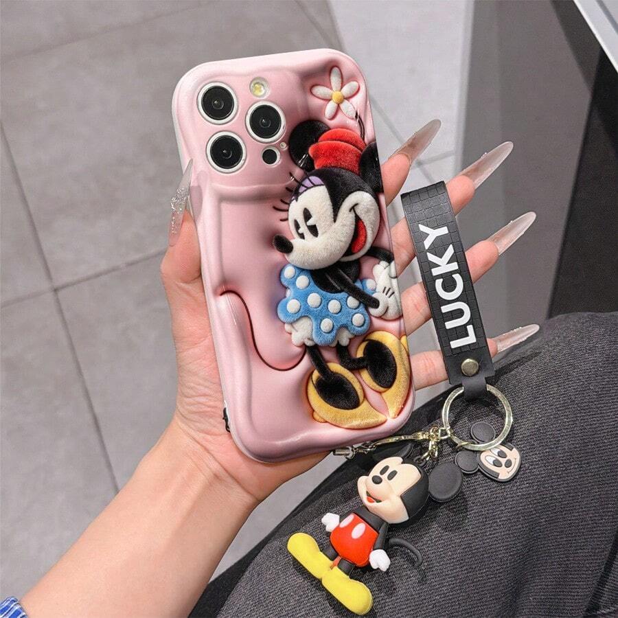 Disney Mickey Mouse Clubhouse Phone Case : 3D Fluffy Pattern Border Protector Phone Soft Phone Case With A Free Cute Mickey Bracelet Chain Lanyard, Mickey, Minnie, Goofy, Donald Duck, Daisy Duck, Pluto, For Apple 17 Promax 17 Pro 16 15 14 13 12 11 Pro Max XS Max X XR Soft Cover Summer Phone Case - 白色 - 查看 1