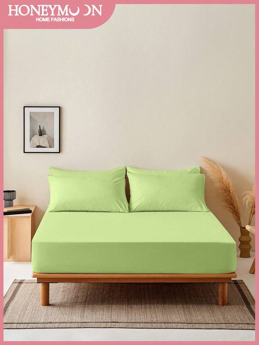 HONEYMOON 1pc Soft Comfortable Solid Color Fitted Sheet, Bed Cover Protector, Lightweight Breathable, 14 Inch/35cm Deep Pocket - Hypoallergenic, Machine Washable, Fits All Bed Sizes, Suitable For Dorms And Guest Rooms (Pillowcase Not Included), Back To School Dorm Essential, Bedding, Light Green - Sprout Green - View 1