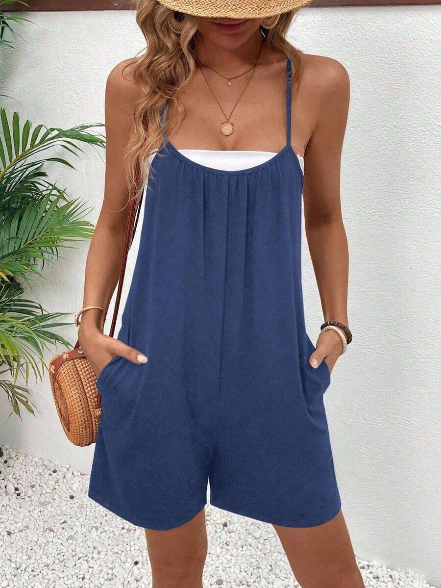 Ladies' Casual Spaghetti Strap Romper Short Jumpsuitwomen Romperplaysuit Women - 藍色 - 查看 1