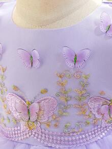 Vestido Roxo de Borboleta para Meninas, Vestido de Dama de Honra Princesa com Flores, Adequado para Festas, Casamentos, Aniversários, Ocasiões Formais, Todas as Estações - Roxo - Visão 7