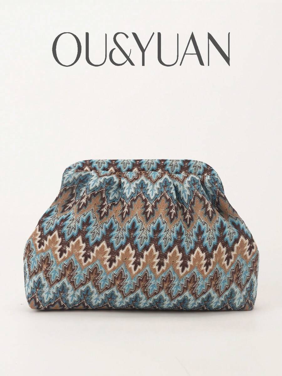 OUYUAN 女款復古印花手拿包，波西米亞風格設計，褶皺細節展現高端品質。這款手提包配有方便的快拆扣，非常適合夏季海灘度假、日常休閒穿搭、節日派對和宴會。送給家人、朋友和伴侶的精美禮物。(隨機印花)