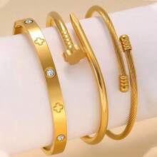 3pcs/1pc Stainless Steel Elegant Rhinestone Four-Leaf Clover Stud Bracelet Set, Stackable Women's Bangle - Gold - View 2