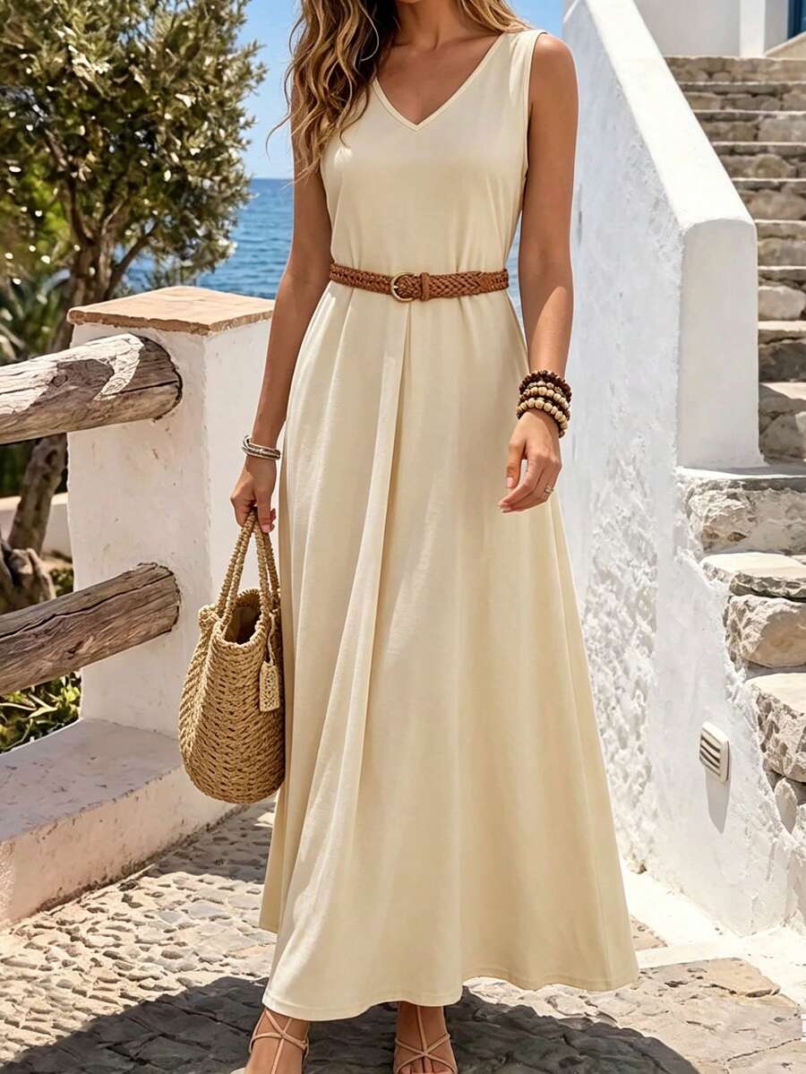 Vestido casual francés sin mangas de cuello redondo, vestido largo de tirantes suelto y favorecedor para mujer, para fiesta y boda - Albaricoque - Ver 1