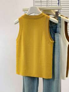 Top de punto de cuello redondo en color sólido para mujer de , minimalista y versátil, para verano. - Amarillo Mostaza - Ver 2