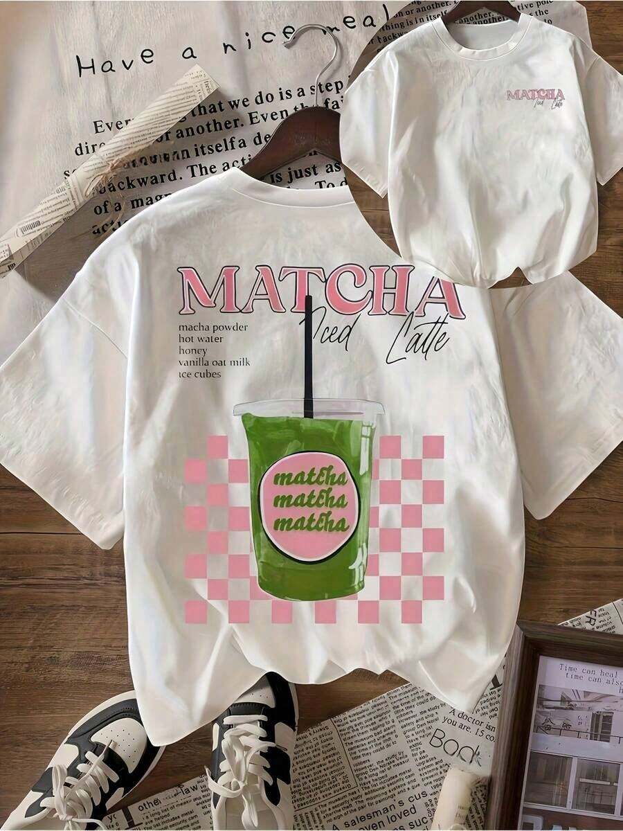Women's Casual Short-Sleeved Loose-Fit "Drink" Print Summer T-Shirt. - White - View 1