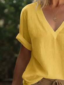 Blusa de mujer de unicolor con escote en V, minimalista y elegante de manga corta, adecuada para el uso diario - Amarillo - Ver 3
