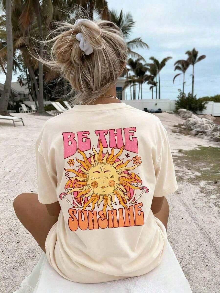 Camiseta de manga corta estilo hippie americano, holgada y cómoda, con estampado de grafiti de letras "Sunshine" vintage para mujer, adecuada para la temporada de flores de cerezo en primavera, festivales de música al aire libre, paseos por la ciudad, visitas al parque y vacaciones ligeras de verano. Estilo casual de verano, 100% algodón, a la moda.