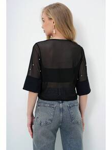 Women's Beaded Mesh Round Neck Short Sleeve Top - Black - View 8
