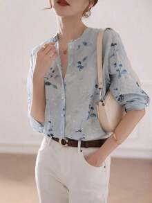 Blusa de mujer de manga 3/4 con cuello alto, estampado floral acuarela azul grisáceo| Blusa de ajuste ceñido, transpirable, de manga acampanada, para oficina/vacaciones, primavera/verano - Celeste - Ver 5