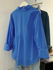 Camisa casual de mujer de unicolor, de manga larga, de un solo pecho y con bolsillo - azul real - Ver 2