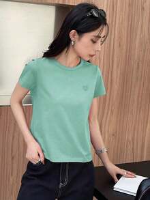 Y2K Style, Modern Style, The Newest Of 2026, Cute Style, Casual Style. Women's Loose-Fitting Casual Summer T-Shirt With Embroidered Heart And Letter Pattern, Red, 180g (S-XXXL) - 青檸綠 - 查看 3