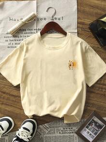 1pc Tween Girl Floral & Sunshine Print Short Sleeve T-Shirt, Student Youth Apparel, Positive Energy Sunny Summer Top - Apricot - View 3
