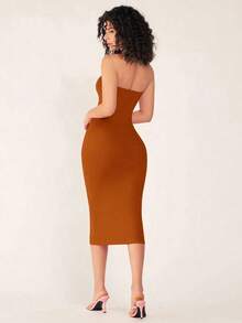 Vestido casual de cena ajustado sin tirantes y de silueta ceñida para mujer - Marrón - Ver 2