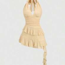Sweetro Romantic Knitted Lace Twist Tie Layered Ruffle Hem Cropped Dress For Women, Sweet Style, Spring/Summer - Caqui - Ver 1