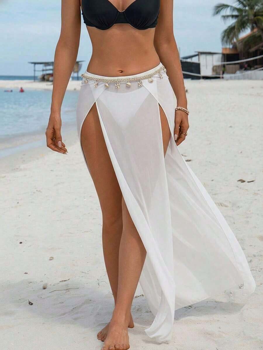 Falda de malla con abertura alta para vacaciones de verano en la playa + Adorno de concha y estrella de mar con ribete de cinta para mujer - Blanco - Ver 1