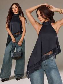 Top asimétrico de cuello alto con escote de halter y ribete de encaje para fiesta de noche, cóctel, formal, elegante, sin mangas para salida nocturna, boda, invitado, verano, otoño, hombros descubiertos - Negro - Ver 12