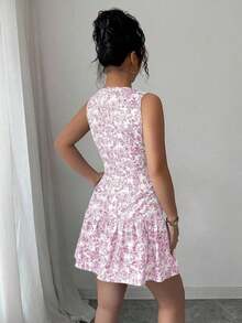 Vestido mini elegante de estilo bohemio con estampado floral, sin mangas y cintura ceñida para mujeres, conjunto de verano con acabado tejido al estilo francés para graduaciones, primavera/verano - Rosa 2 - Ver 2