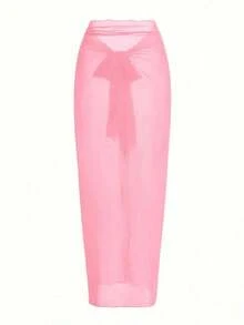 Traje de baño de una pieza con pliegues de unicolor con pareo y falda a juego, perfecto para vacaciones - Rosa - Ver 5