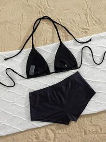Traje de baño con estampado floral de moda: Top de bikini tipo camiseta con estampado de loto negro + Bottom de traje de baño de talle alto - Conjunto de traje de baño elegante y cómodo para vacaciones de verano, playa y uso en resort en color rojo - Negro - Ver 4