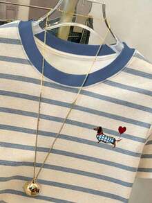Camiseta de mujer con paneles de imitación de denim a rayas / Estampado de Dachshund / Uso diario casual / Verano - Multicolor 8 - Ver 3