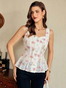 Blusa de mujer vintage, elegante y clásica, con cierre de botones metálicos con forma de flor, blusa sin mangas blanca, para primavera/verano - Rosa 2 - Ver 6
