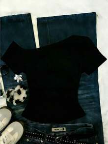 Camiseta casual versátil de mujer con hombro asimétrico y mangas cortas a rayas - Multicolor 6 - Ver 2