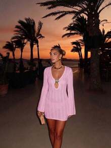 Vestido de manga larga de punto para mujer, estilo de vacaciones en la playa - Rosa - Ver 9