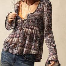 BohoFeels Easter Musical Festival BOHO Woven Printed Flare Long Sleeve Loose Women Shirt - Negro - Ver 1