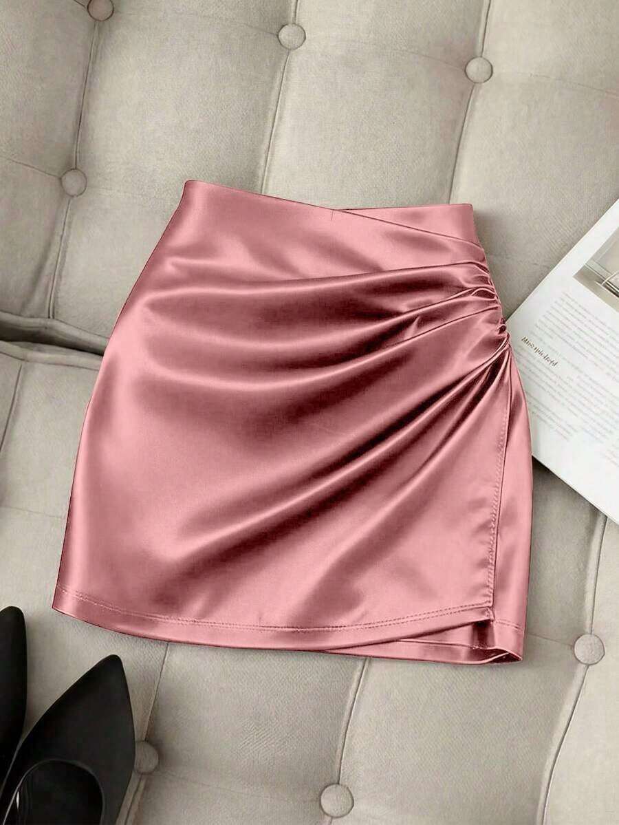 Falda ajustado plisada de cintura alta con dobladillo asimétrico brillante y elegante para mujer, primavera/verano - Rosa - Ver 1