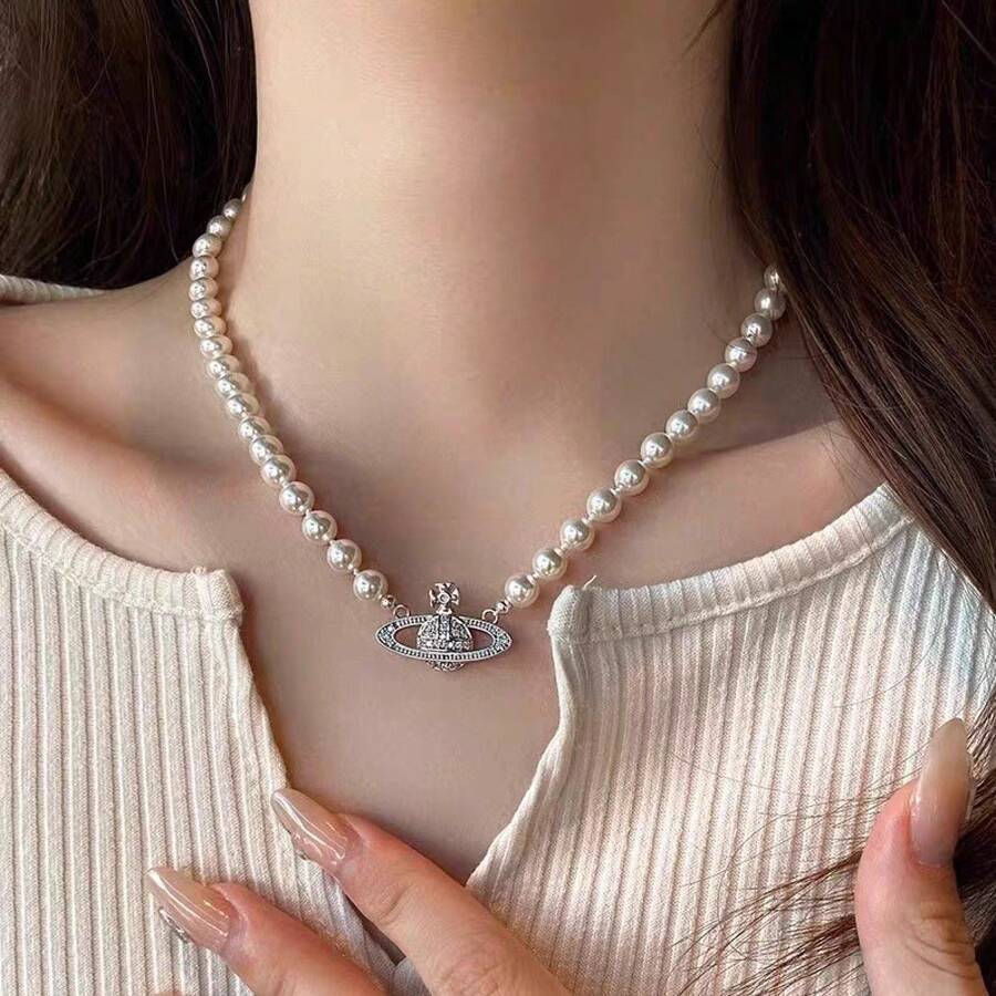 Cross-Border Saturn Pearl Necklace For Women, Pin-Style Three-Dimensional Planet Choker, High-End Versatile Sweater Chain, Collarbone Chain - Bông tai kim cương - Xem 1