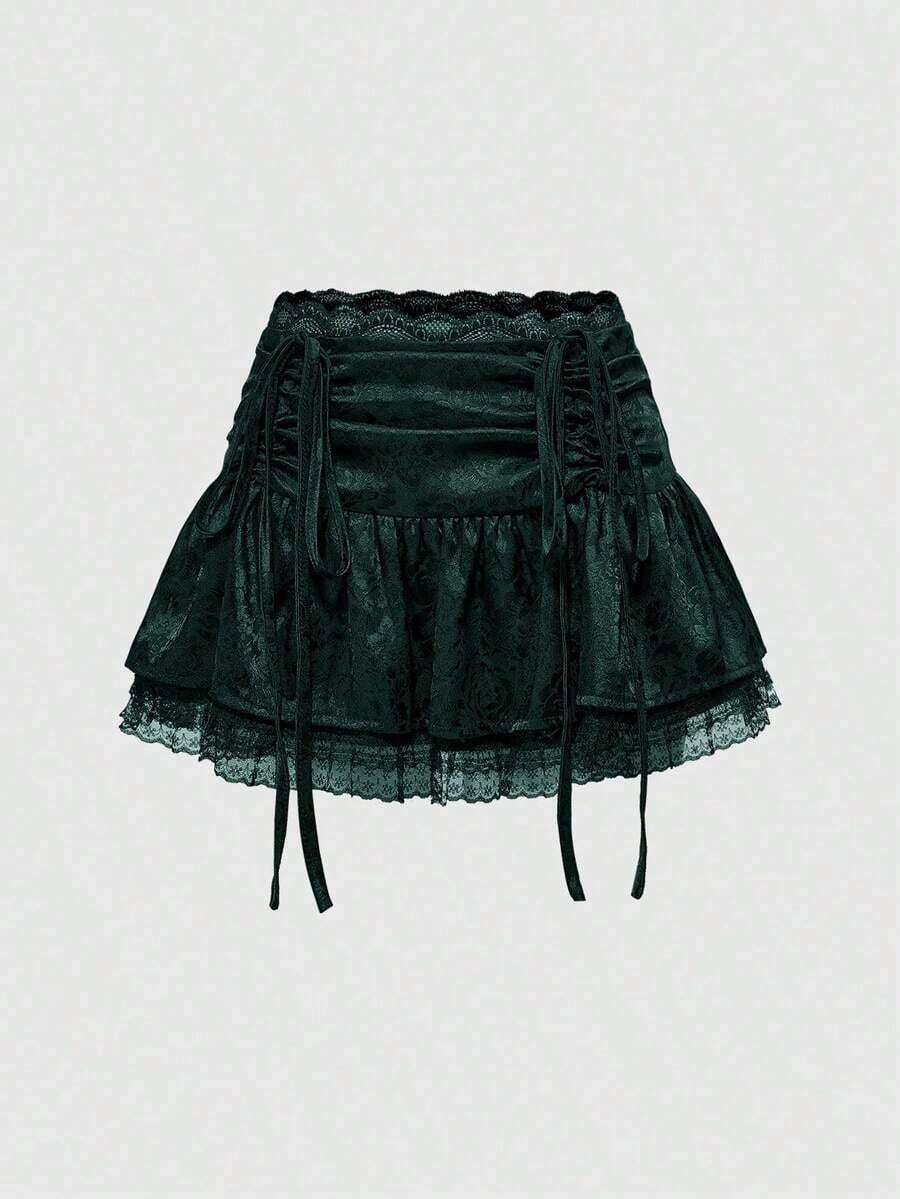 Goth Minifalda estilo gótico de satén con jacquard, cintura plisada con terminación de encaje, incluye ropa interior para mujer - Verde Oscuro - Ver 1
