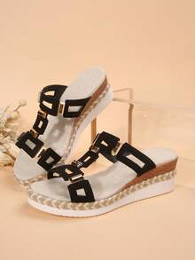 Mila Footwear 女士加大码时尚复古露趾绳底凉鞋，几何图案波西米亚复古铆钉装饰厚底凉鞋，适合婚礼、派对、度假、夏季等各种场合，女士坡跟厚底凉鞋 - 黑色 - 查看 7