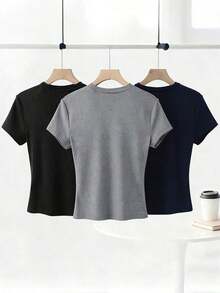 Camiseta casual de mujer de manga corta con cuello redondo de unicolor para verano - Multicolor 7 - Ver 2