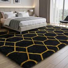 Sour Lemon Rugs Living Room 200x300cm, Grey Area Rugs For Bedroom, Washable Anti Slip Extra Large Shaggy Soft Rug Fluffy Modern Floor Carpets Mat Beside Carpet, Long Runner Rug For Hallway - Black-gold Hexagons - View 9